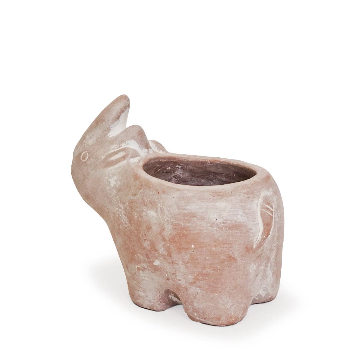 A small sculptural planter shaped like a rhino, made from a textured terracotta photographed on a clean white background.