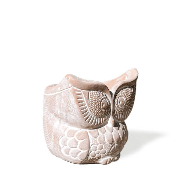 terracotta owl-shaped planter, side view