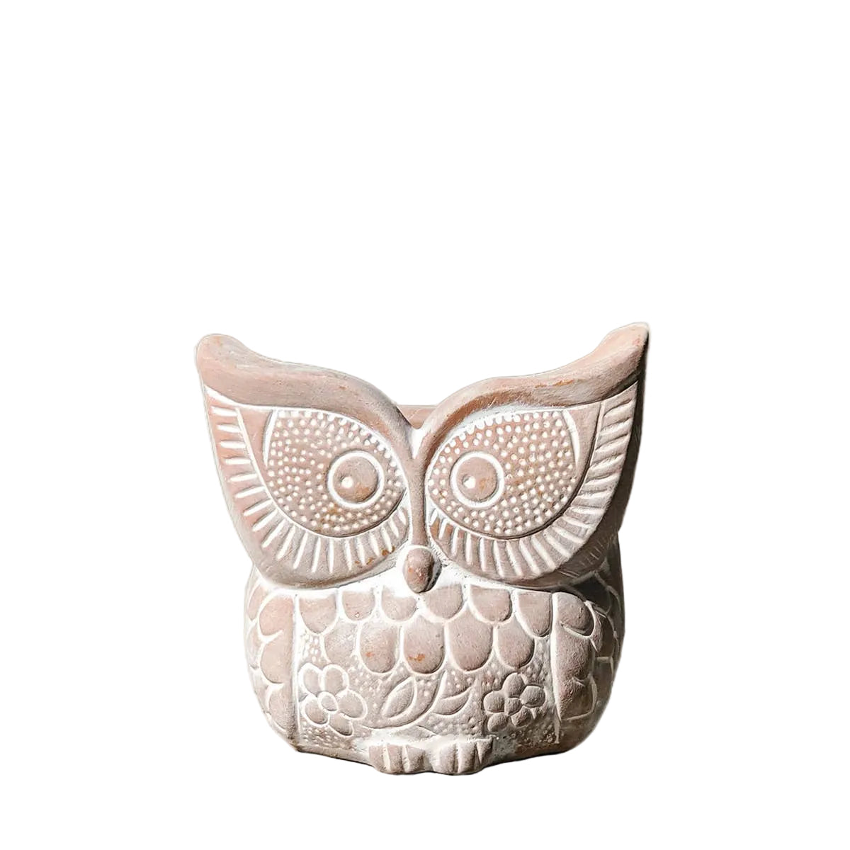 Terracotta owl-shaped planter, front view