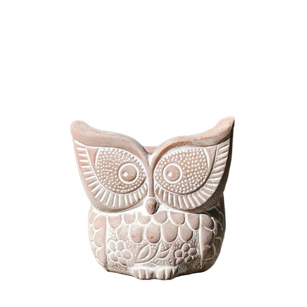 Terracotta owl-shaped planter, front view