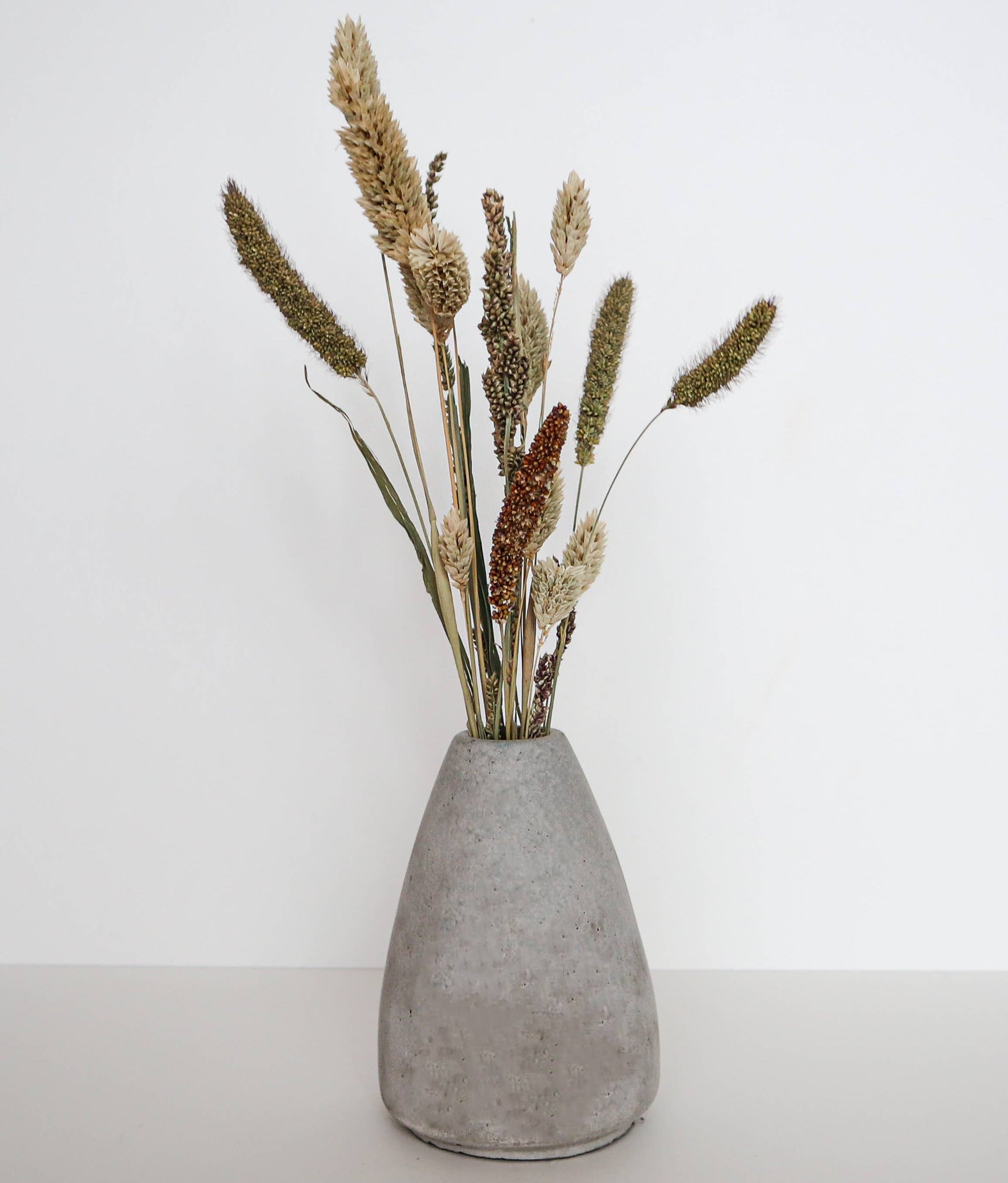 Concrete vase filled with dried plants.