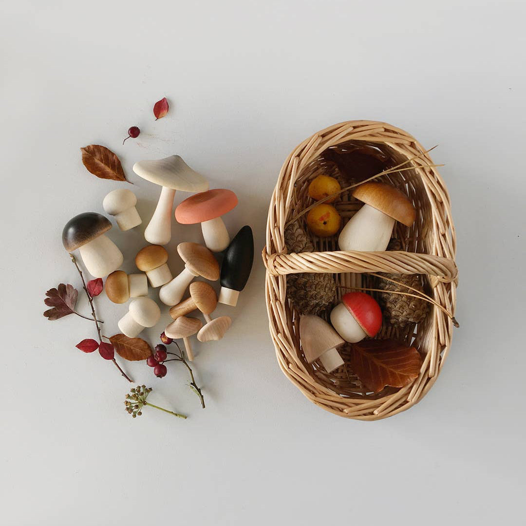 Set of toy wooden mushrooms with a wicker basket 