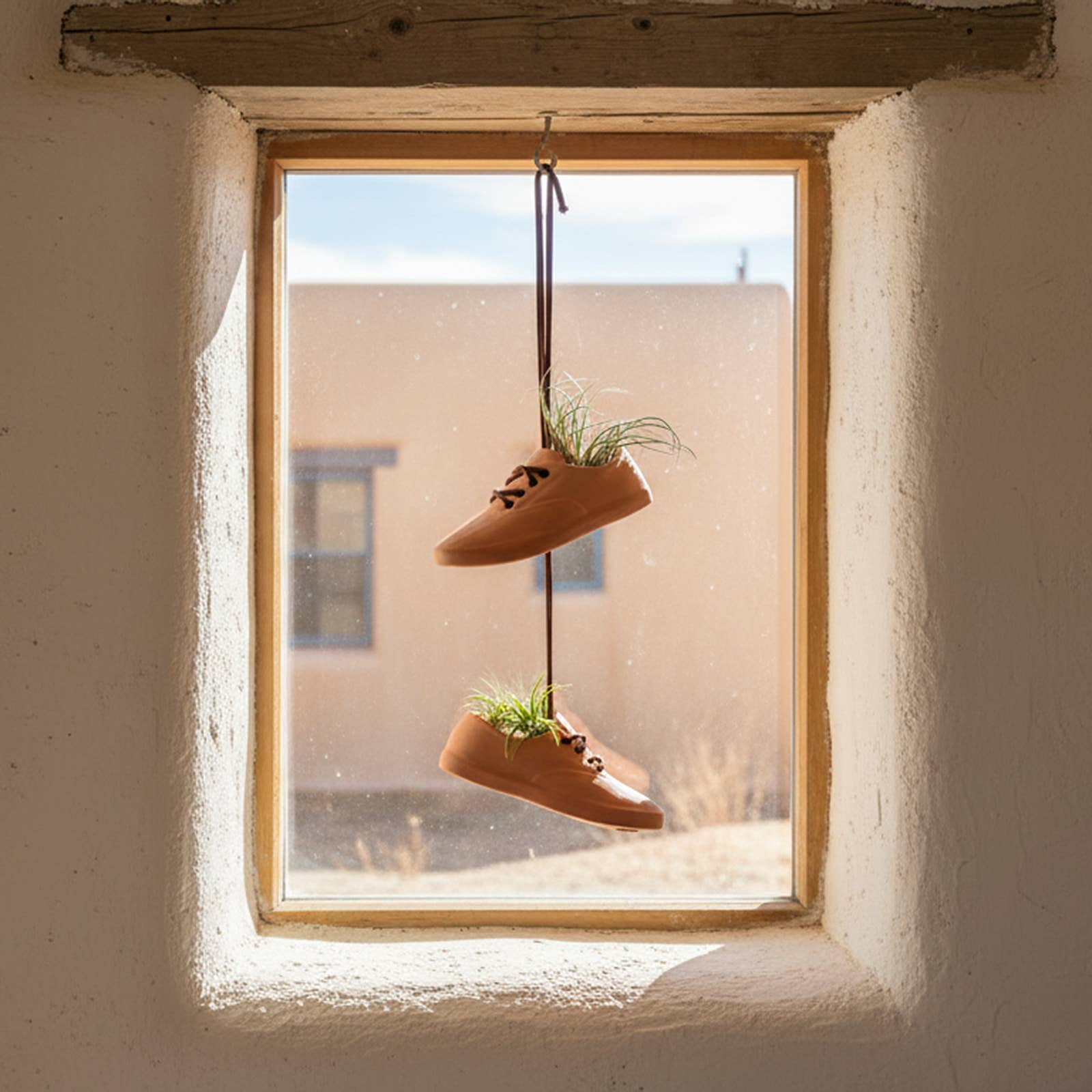 Two terracotta shoe planters with plants growing out of them hanging in front of a window.