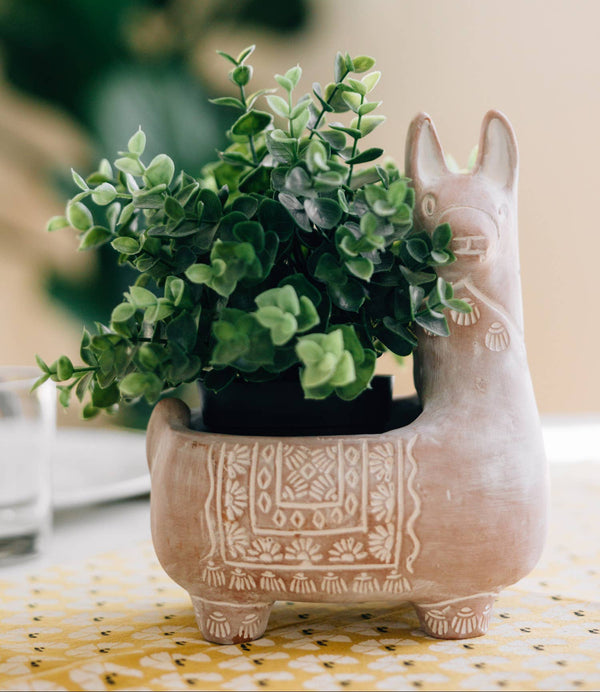 Decorative llama pot with a plant on a table
