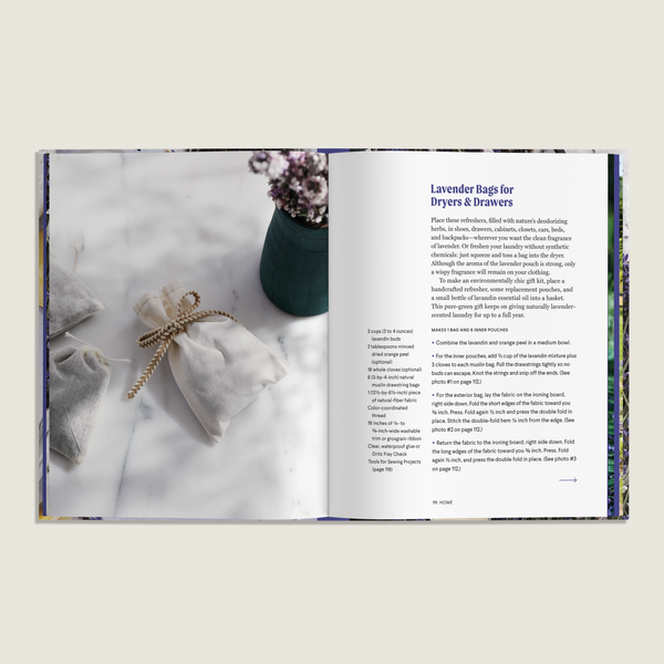 Open book showing lavender bags and text