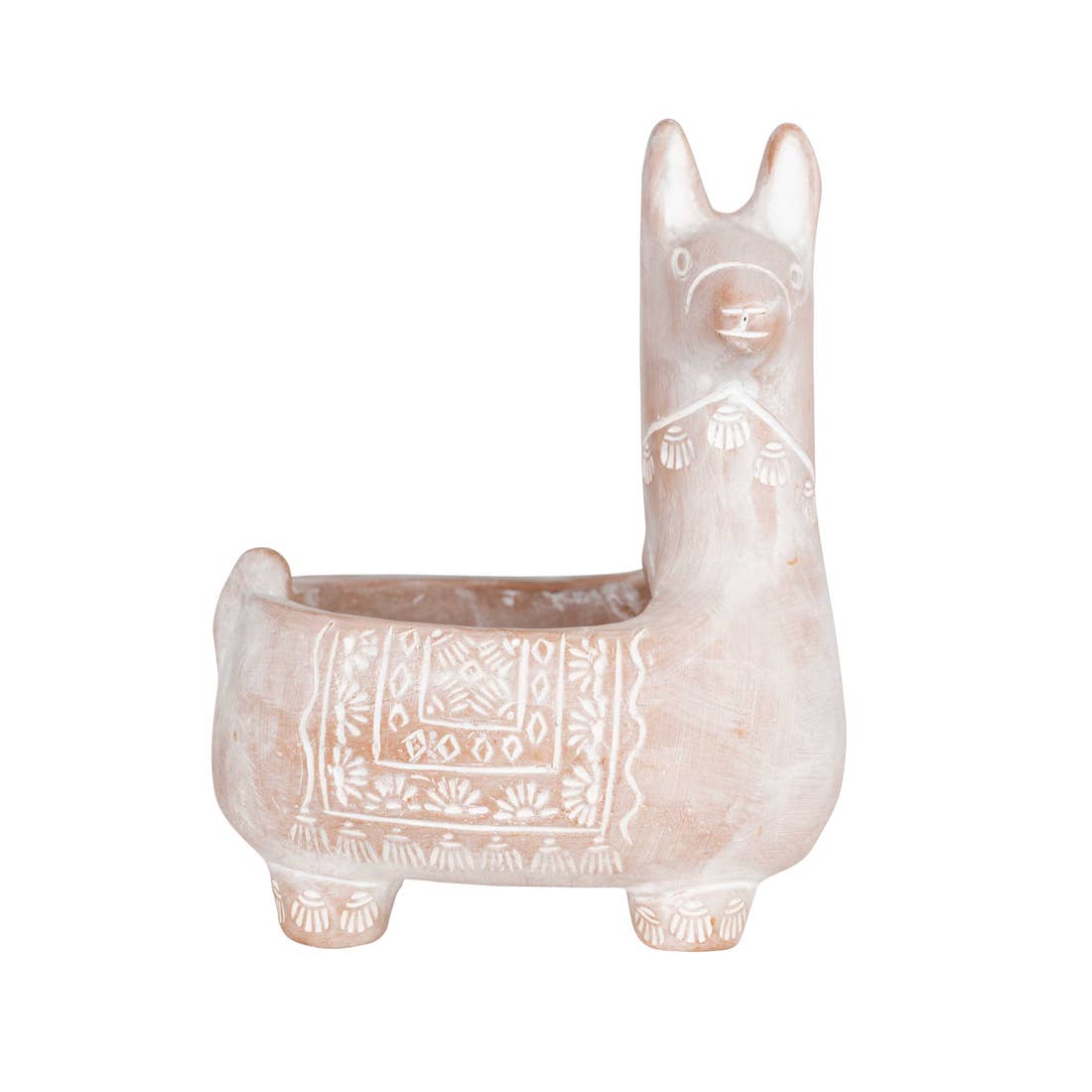 Terracotta llama-shaped planter on a white background