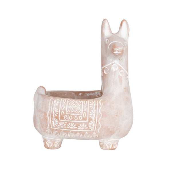 Terracotta llama-shaped planter on a white background