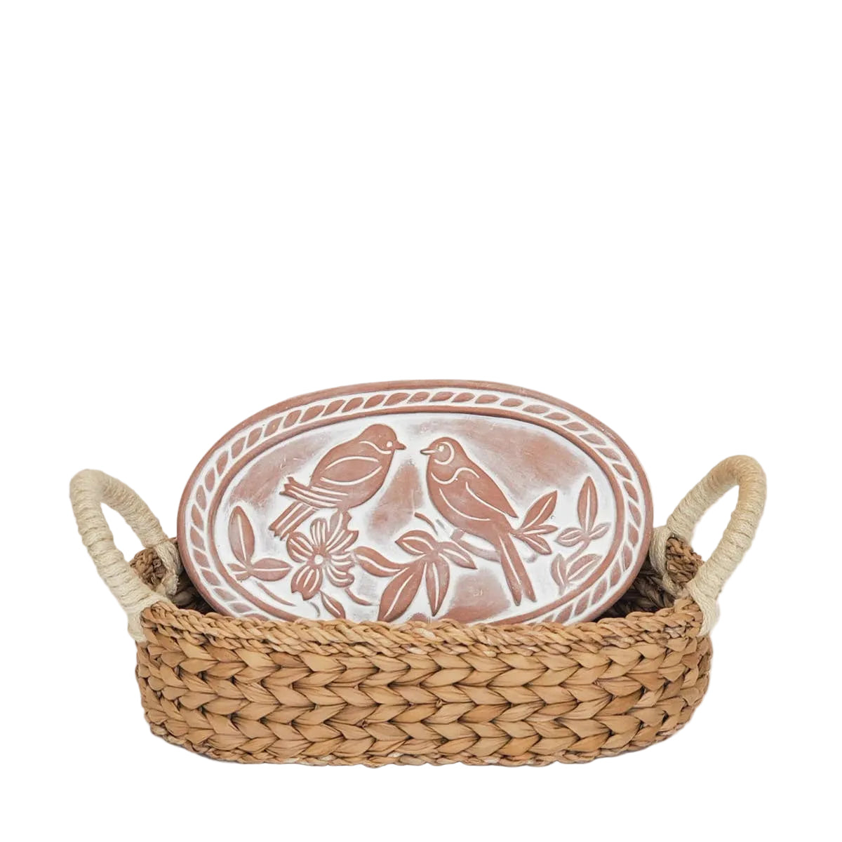 Decorative bread warming plate with bird design in a wicker basket 
