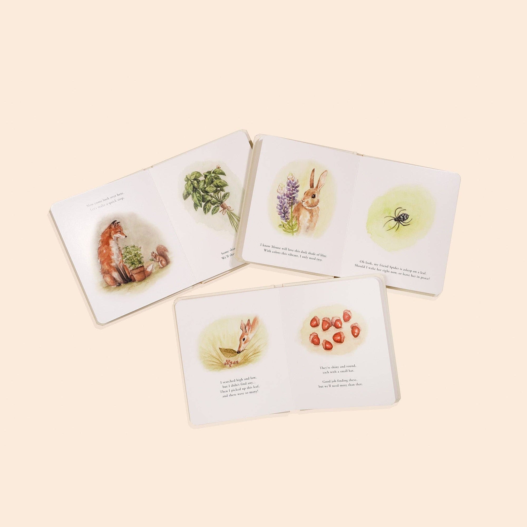 Three open children's books with illustrations of nature-themed content.