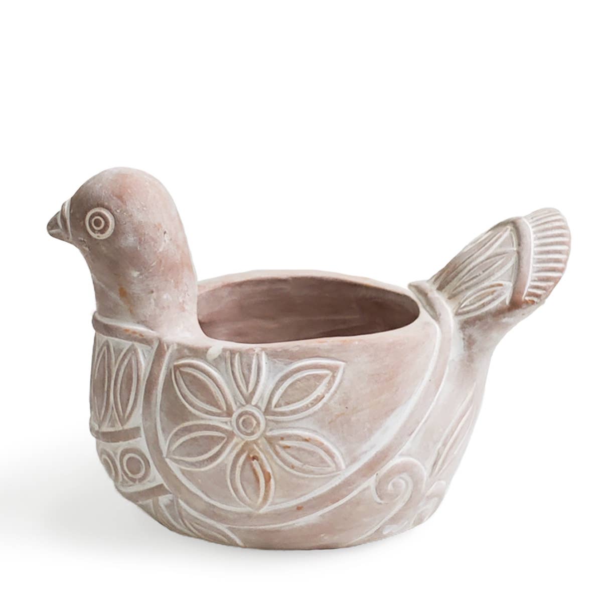 Terracotta bird-shaped planter with decorative patterns