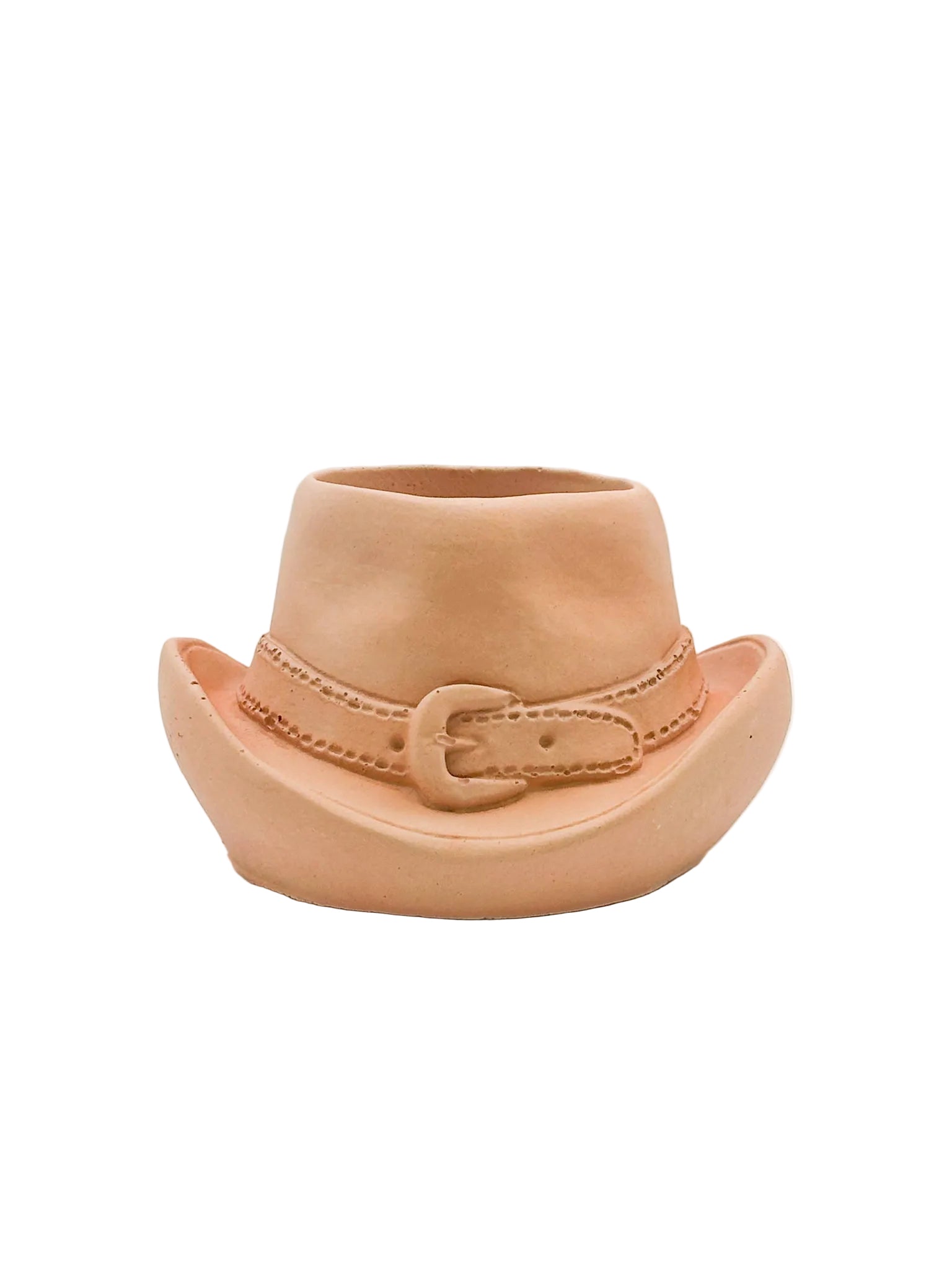 Terracotta cowboy hat planter with a belt and buckle