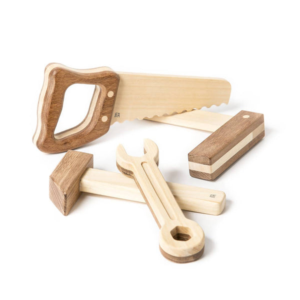 Set of wooden children's play tools including a axe, wrench, ruler and hammer 