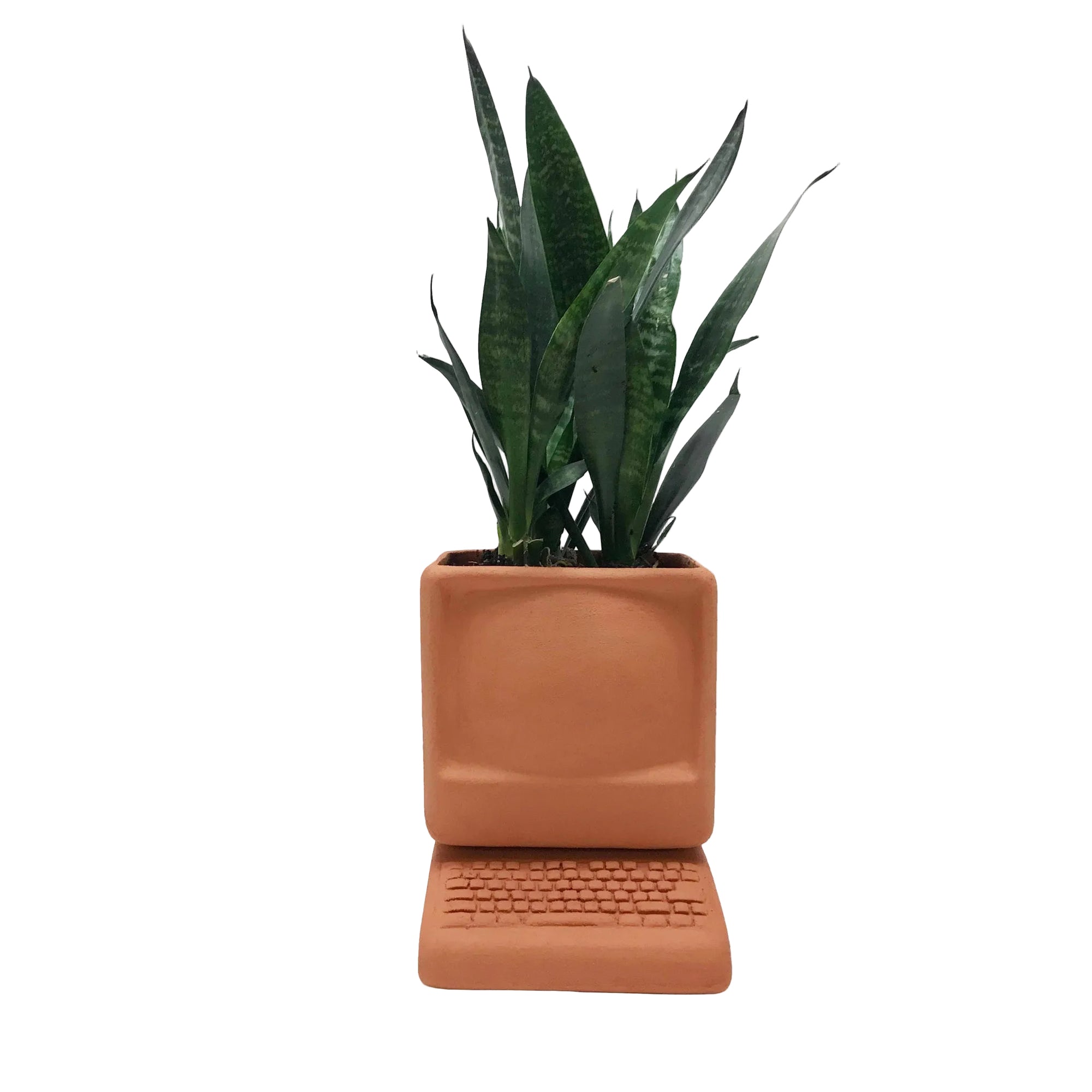 terracotta planter in handmade in the shape of a computer and keyboard